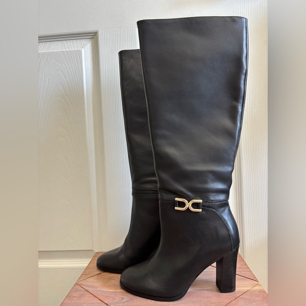 Express Black Genuine Leather Heeled Boots with Gold Accent - Picture 4 of 8
